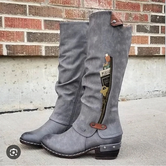 Gray Suede Heeled Boots with Slouchy Design - Picture 2 of 14